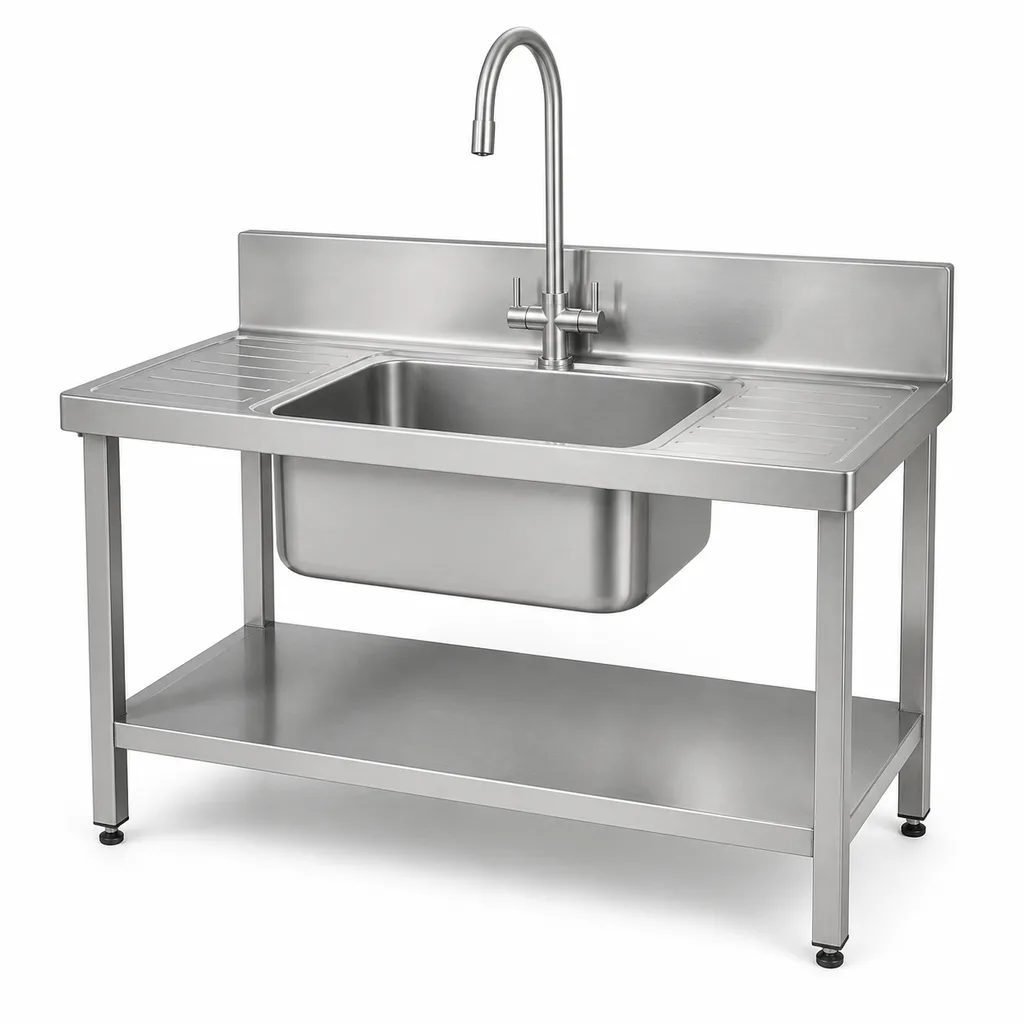 Three compartment stainless steel commercial sink with drainboards in a wash-up area