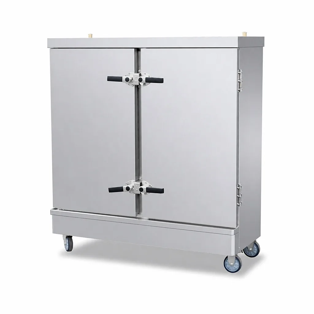Double-door commercial steam cabinet with trays loaded for bulk rice and dim sum