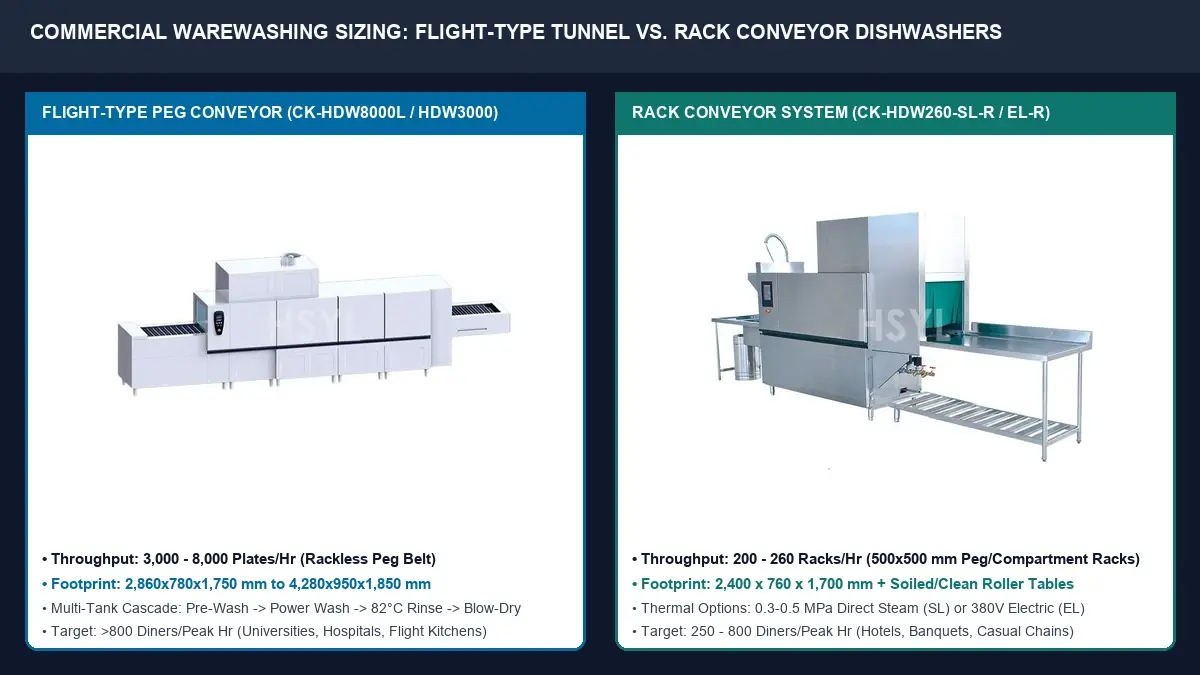 Flight-Type vs. Rack Conveyor Commercial Dishwasher Sizing Guide: Dish Load Math, Steam vs. Electric & Exhaust image 1
