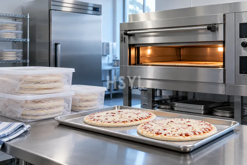 Concept illustration of frozen pizza test products beside a freezer and commercial baking oven Frozen Pizza Baking: Test the Equipment Against Your Product image 1